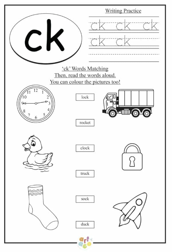 The sound ck phonics diagraph worksheet. Children learning to read, colouring, craft play