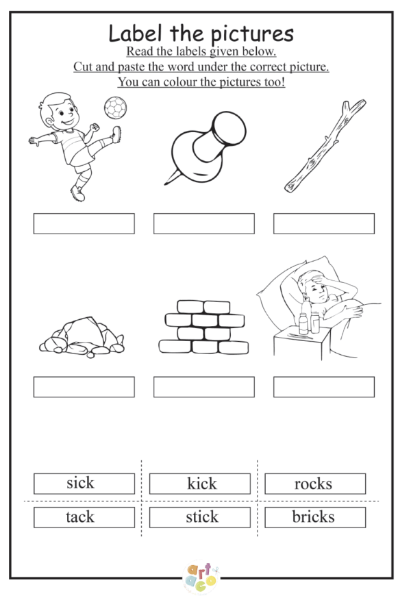 The sound ck phonics diagraph worksheet. Children learning to read, colouring, craft play