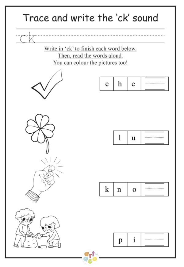 The sound ck phonics diagraph worksheet. Children learning to read, colouring, craft play